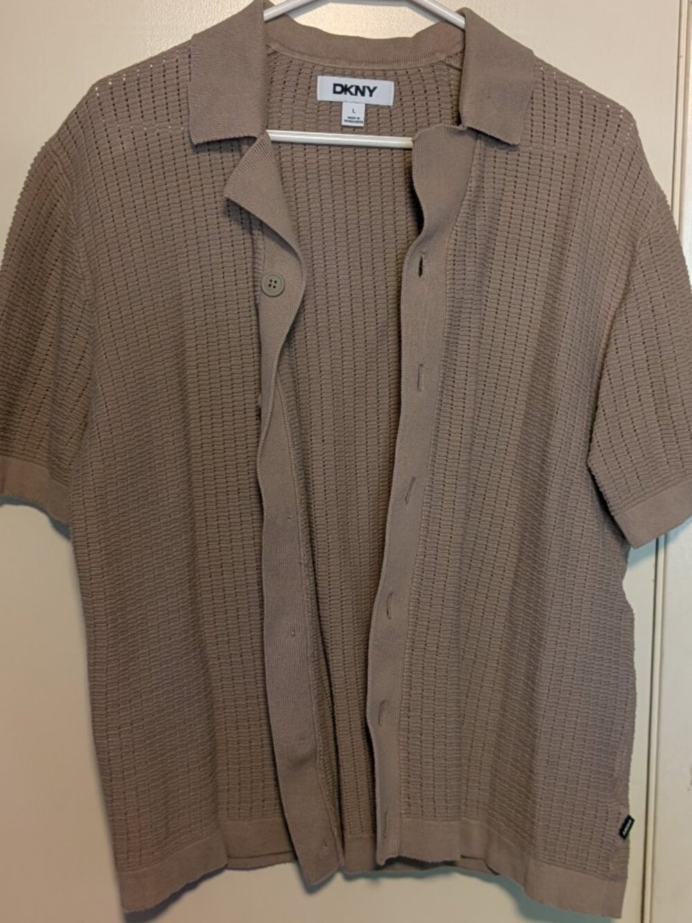 DKNY Men’s Large Brown Open Knit Button Front Polo Shirt 100% Cotton